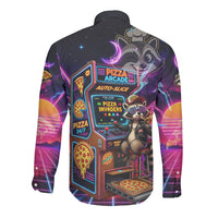 Retro Raccoon Eating Pizza Long Sleeve Button Shirt 80s Synthwave Pizza Arcade Neon Gaming Aesthetic