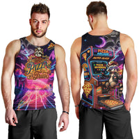 Retro Raccoon Eating Pizza Men Tank Top 80s Synthwave Pizza Arcade Neon Gaming Aesthetic