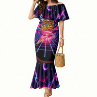 Retro Raccoon Eating Pizza Mermaid Dress 80s Synthwave Pizza Arcade Neon Gaming Aesthetic