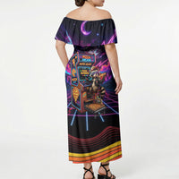 Retro Raccoon Eating Pizza Off Shoulder Maxi Dress 80s Synthwave Pizza Arcade Neon Gaming Aesthetic