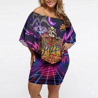 Retro Raccoon Eating Pizza Off Shoulder Short Dress 80s Synthwave Pizza Arcade Neon Gaming Aesthetic