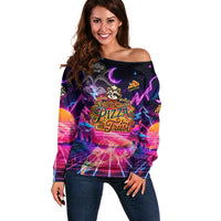 Retro Raccoon Eating Pizza Off Shoulder Sweater 80s Synthwave Pizza Arcade Neon Gaming Aesthetic