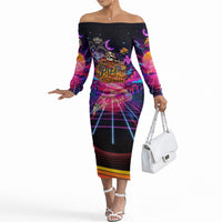 Retro Raccoon Eating Pizza Off The Shoulder Long Sleeve Dress 80s Synthwave Pizza Arcade Neon Gaming Aesthetic