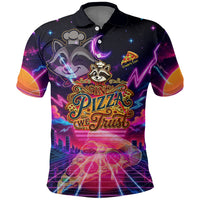 Retro Raccoon Eating Pizza Polo Shirt 80s Synthwave Pizza Arcade Neon Gaming Aesthetic