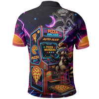 Retro Raccoon Eating Pizza Polo Shirt 80s Synthwave Pizza Arcade Neon Gaming Aesthetic