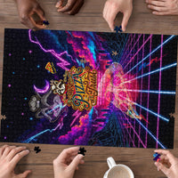 Retro Raccoon Eating Pizza Puzzle 80s Synthwave Pizza Arcade Neon Gaming Aesthetic