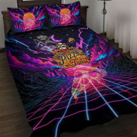 Retro Raccoon Eating Pizza Quilt Bed Set 80s Synthwave Pizza Arcade Neon Gaming Aesthetic