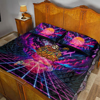 Retro Raccoon Eating Pizza Quilt Bed Set 80s Synthwave Pizza Arcade Neon Gaming Aesthetic
