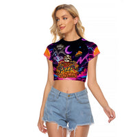 Retro Raccoon Eating Pizza Raglan Cropped T Shirt 80s Synthwave Pizza Arcade Neon Gaming Aesthetic