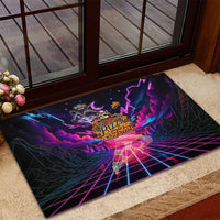 Retro Raccoon Eating Pizza Rubber Doormat 80s Synthwave Pizza Arcade Neon Gaming Aesthetic
