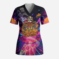 Retro Raccoon Eating Pizza Scrub Top 80s Synthwave Pizza Arcade Neon Gaming Aesthetic