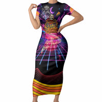 Retro Raccoon Eating Pizza Short Sleeve Bodycon Dress 80s Synthwave Pizza Arcade Neon Gaming Aesthetic