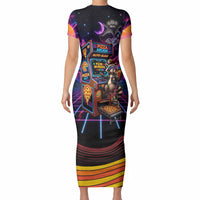Retro Raccoon Eating Pizza Short Sleeve Bodycon Dress 80s Synthwave Pizza Arcade Neon Gaming Aesthetic