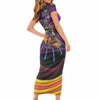 Retro Raccoon Eating Pizza Short Sleeve Bodycon Dress 80s Synthwave Pizza Arcade Neon Gaming Aesthetic