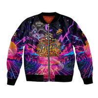 Retro Raccoon Eating Pizza Sleeve Zip Bomber Jacket 80s Synthwave Pizza Arcade Neon Gaming Aesthetic