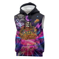 Retro Raccoon Eating Pizza Sleeveless Hoodie 80s Synthwave Pizza Arcade Neon Gaming Aesthetic