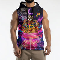 Retro Raccoon Eating Pizza Sleeveless Hoodie 80s Synthwave Pizza Arcade Neon Gaming Aesthetic