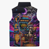 Retro Raccoon Eating Pizza Sleeveless Puffer Jacket 80s Synthwave Pizza Arcade Neon Gaming Aesthetic