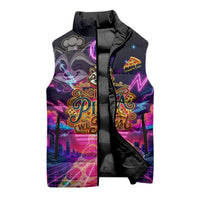 Retro Raccoon Eating Pizza Sleeveless Puffer Jacket 80s Synthwave Pizza Arcade Neon Gaming Aesthetic