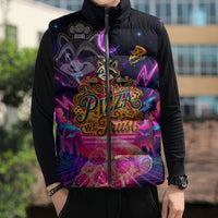 Retro Raccoon Eating Pizza Sleeveless Puffer Jacket 80s Synthwave Pizza Arcade Neon Gaming Aesthetic