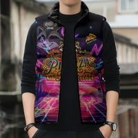 Retro Raccoon Eating Pizza Sleeveless Puffer Jacket 80s Synthwave Pizza Arcade Neon Gaming Aesthetic