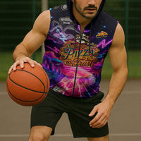 Retro Raccoon Eating Pizza Sleeveless Zip Hoodie 80s Synthwave Pizza Arcade Neon Gaming Aesthetic