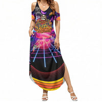 Retro Raccoon Eating Pizza Summer Maxi Dress 80s Synthwave Pizza Arcade Neon Gaming Aesthetic