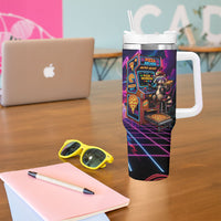Retro Raccoon Eating Pizza Tumbler With Handle 80s Synthwave Pizza Arcade Neon Gaming Aesthetic