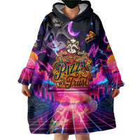 Retro Raccoon Eating Pizza Wearable Blanket Hoodie 80s Synthwave Pizza Arcade Neon Gaming Aesthetic
