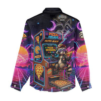Retro Raccoon Eating Pizza Women Casual Shirt 80s Synthwave Pizza Arcade Neon Gaming Aesthetic