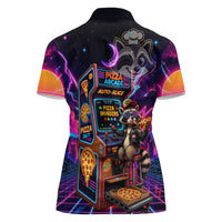 Retro Raccoon Eating Pizza Women Polo Shirt 80s Synthwave Pizza Arcade Neon Gaming Aesthetic