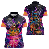 Retro Raccoon Eating Pizza Women Polo Shirt 80s Synthwave Pizza Arcade Neon Gaming Aesthetic