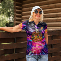 Retro Raccoon Eating Pizza Women Polo Shirt 80s Synthwave Pizza Arcade Neon Gaming Aesthetic