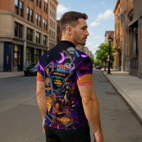 Retro Raccoon Eating Pizza Zipper Polo Shirt 80s Synthwave Pizza Arcade Neon Gaming Aesthetic