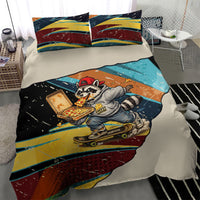 Skateboarding Raccoon Eating Pizza Bedding Set Retro Cartoon Skating Claw Rip Grunge Aesthetic