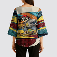 Skateboarding Raccoon Eating Pizza Kimono Sleeve Blouse Retro Cartoon Skating Claw Rip Grunge Aesthetic