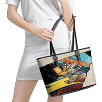 Skateboarding Raccoon Eating Pizza Leather Tote Bag Retro Cartoon Skating Claw Rip Grunge Aesthetic
