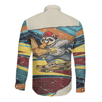 Skateboarding Raccoon Eating Pizza Long Sleeve Button Shirt Retro Cartoon Skating Claw Rip Grunge Aesthetic