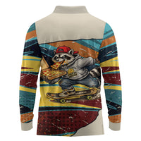 Skateboarding Raccoon Eating Pizza Long Sleeve Polo Shirt Retro Cartoon Skating Claw Rip Grunge Aesthetic