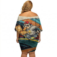 Skateboarding Raccoon Eating Pizza Off Shoulder Short Dress Retro Cartoon Skating Claw Rip Grunge Aesthetic
