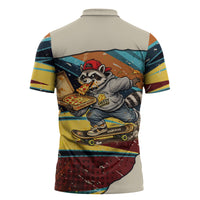 Skateboarding Raccoon Eating Pizza Zipper Polo Shirt Retro Cartoon Skating Claw Rip Grunge Aesthetic