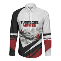 Personalized Tuskegee Airmen Long Sleeve Button Shirt Red Tails P-51 Mustang WWII Aviation Never Quit