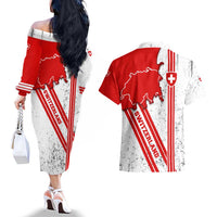 Switzerland Flag Couples Matching Off The Shoulder Long Sleeve Dress and Hawaiian Shirt Swiss Map Red-White Distressed - Wonder Print Shop