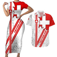 Switzerland Flag Couples Matching Short Sleeve Bodycon Dress and Hawaiian Shirt Swiss Map Red-White Distressed - Wonder Print Shop