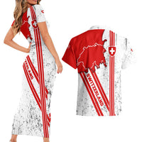 Switzerland Flag Couples Matching Short Sleeve Bodycon Dress and Hawaiian Shirt Swiss Map Red-White Distressed - Wonder Print Shop