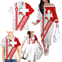 Switzerland Flag Family Matching Off The Shoulder Long Sleeve Dress and Hawaiian Shirt Swiss Map Red-White Distressed - Wonder Print Shop