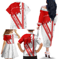Switzerland Flag Family Matching Off The Shoulder Long Sleeve Dress and Hawaiian Shirt Swiss Map Red-White Distressed - Wonder Print Shop