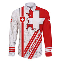 Switzerland Flag Family Matching Off The Shoulder Long Sleeve Dress and Hawaiian Shirt Swiss Map Red-White Distressed - Wonder Print Shop