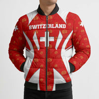 Switzerland Flag Bomber Puffer Jacket with Floral Pattern Red and White Sportswear - Wonder Print Shop