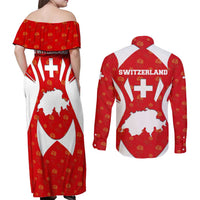 Switzerland Flag Couples Matching Off Shoulder Maxi Dress and Long Sleeve Button Shirt with Floral Pattern Red and White Sportswear - Wonder Print Shop